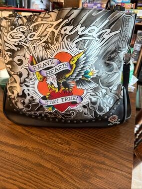 NET Ed Hardy Black Shoulder Bag with Multicolor Tattoo Heart and Eagle Graphic